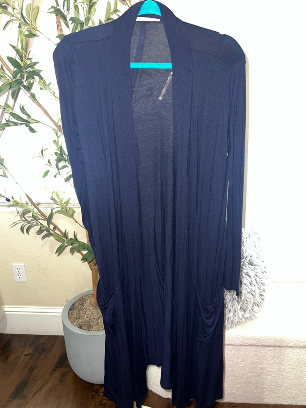 Longline Open-Front Navy Cardigan with Pockets - Women